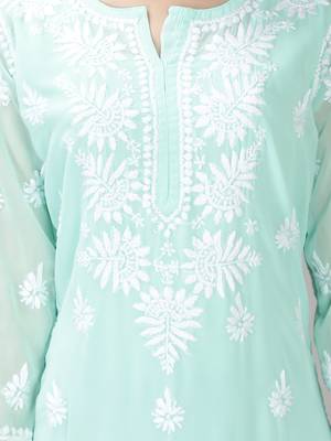 Hand Embroidered Lucknowi Sea Green Chikankari Georgette Kurta with Slip 4