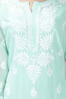 Hand Embroidered Lucknowi Sea Green Chikankari Georgette Kurta with Slip