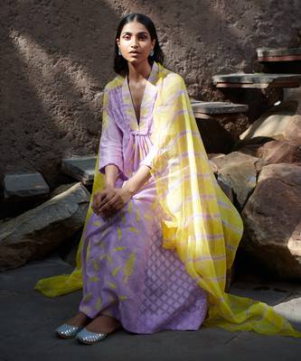 Jarokha Lilac And Yellow Kurta Set 1