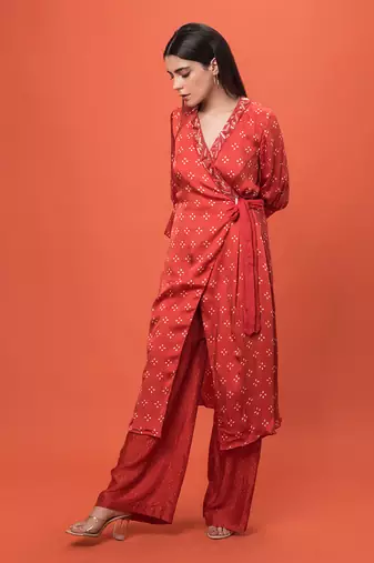 Red Wrap Over Kurta Set