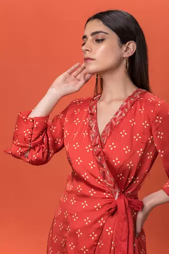 Red Wrap Over Kurta Set