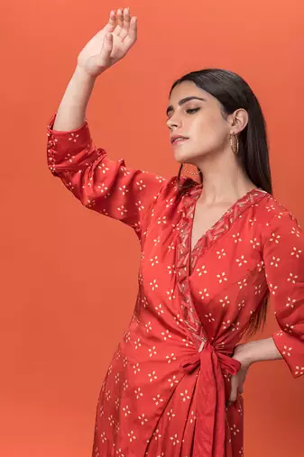 Red Wrap Over Kurta Set