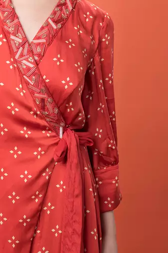 Red Wrap Over Kurta Set