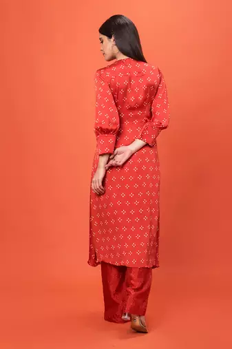 Red Wrap Over Kurta Set