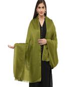Pashtush Women'S Soft Wool Shawl Olive Green With Jacquard Design