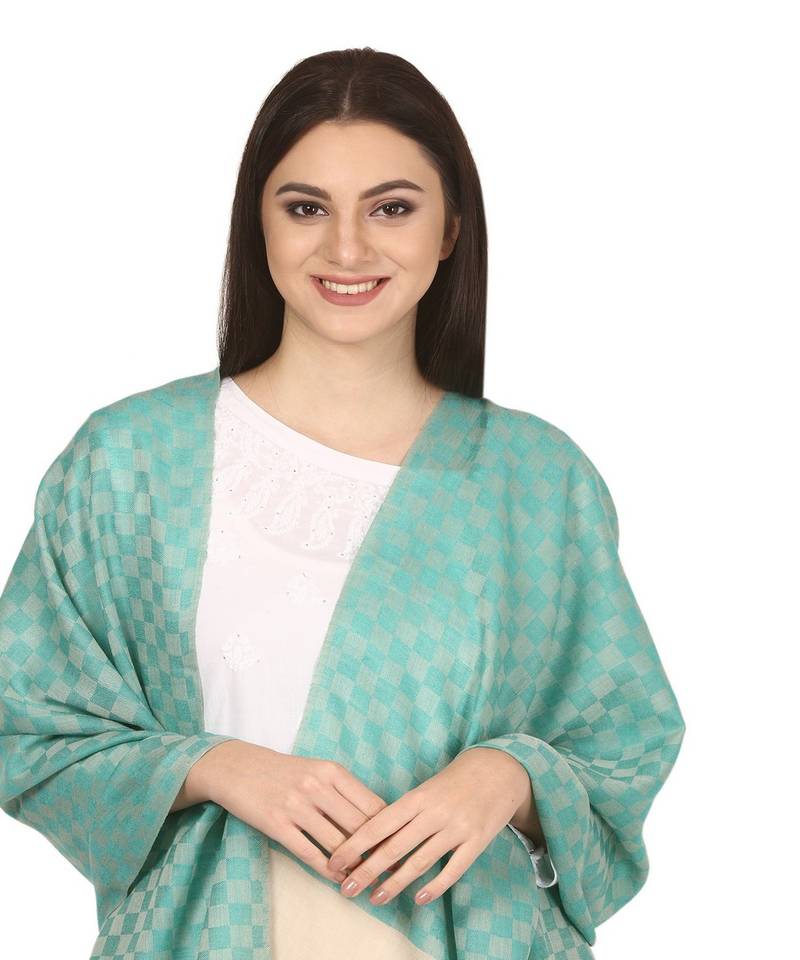 Pashtush Women   s Extra Fine Soft Wool Checkered Stole Sea Green