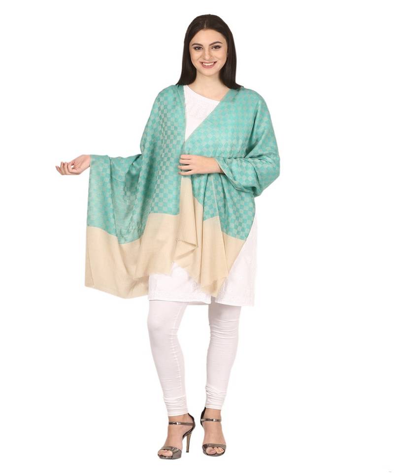 Pashtush Women   s Extra Fine Soft Wool Checkered Stole Sea Green