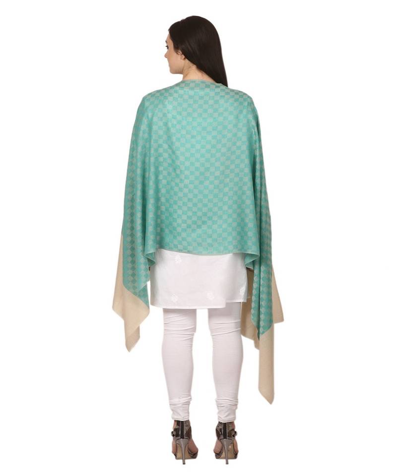 Pashtush Women   s Extra Fine Soft Wool Checkered Stole Sea Green