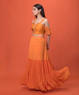 Orange Cold Shoulder Crop Top Skirt Set 1