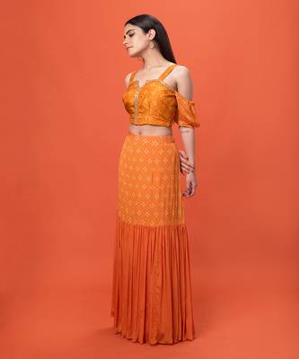 Orange Cold Shoulder Crop Top Skirt Set 2