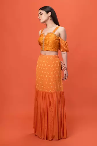 Orange Cold Shoulder Crop Top Skirt Set