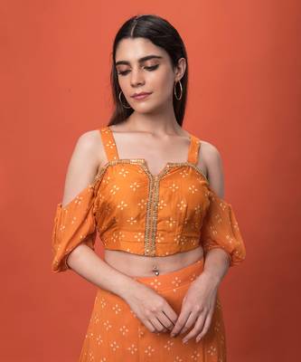 Orange Cold Shoulder Crop Top Skirt Set 3