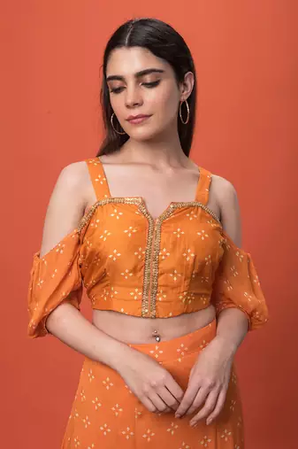Orange Cold Shoulder Crop Top Skirt Set