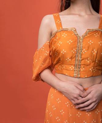 Orange Cold Shoulder Crop Top Skirt Set 4