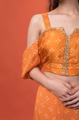 Orange Cold Shoulder Crop Top Skirt Set