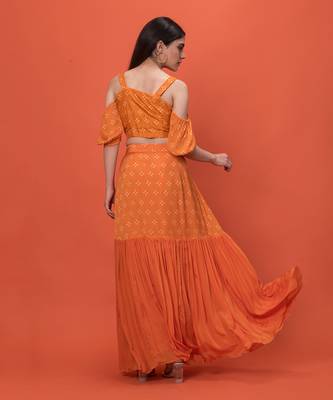 Orange Cold Shoulder Crop Top Skirt Set 5