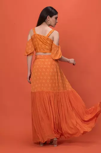 Orange Cold Shoulder Crop Top Skirt Set