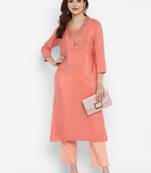 Straight Peach Cotton Silk Blend V Neck Placket Emb Kurta