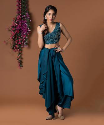 Topaz Draped Dhoti Pants And Embroidered Crop Top Set 1