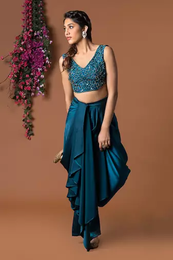 Topaz Draped Dhoti Pants And Embroidered Crop Top Set