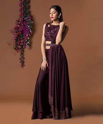 Sangria Palazzo Pants Embroidered Crop Top And Belt Set 1