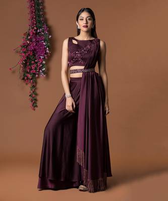 Sangria Palazzo Pants Embroidered Crop Top And Belt Set 2