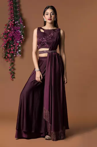 Sangria Palazzo Pants Embroidered Crop Top And Belt Set