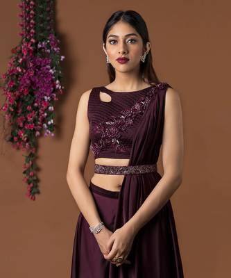 Sangria Palazzo Pants Embroidered Crop Top And Belt Set 3