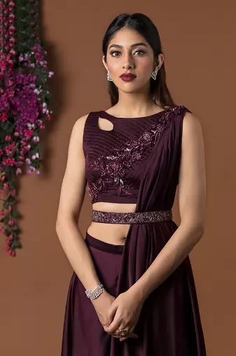 Sangria Palazzo Pants Embroidered Crop Top And Belt Set