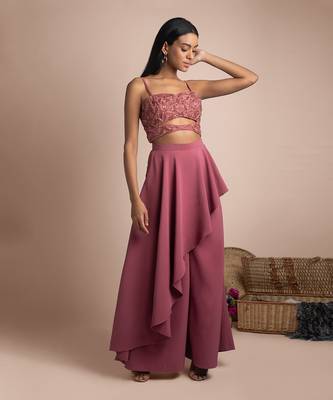 Rouge Pink Draped Pants And Embroidered Crop Top Set 1
