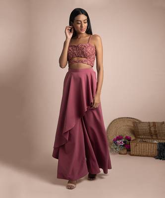 Rouge Pink Draped Pants And Embroidered Crop Top Set 2