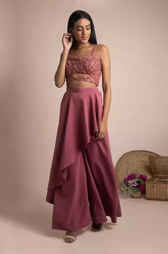 Rouge Pink Draped Pants And Embroidered Crop Top Set