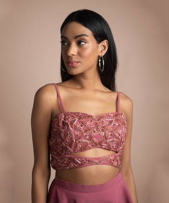 Rouge Pink Draped Pants And Embroidered Crop Top Set 3