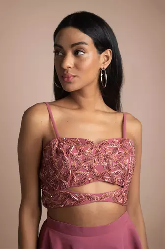 Rouge Pink Draped Pants And Embroidered Crop Top Set