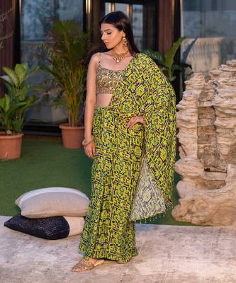 Green Embroidered Choli With Draped Sari 2