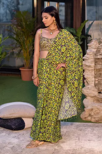 Green Embroidered Choli With Draped Sari