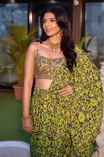 Green Embroidered Choli With Draped Sari
