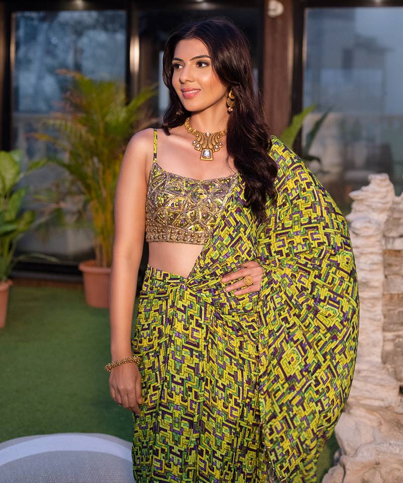 Green Embroidered Choli With Draped Sari