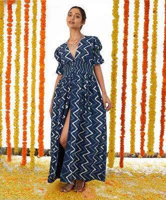 Blue Half Buttoned Down Long dDess 1