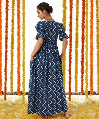 Blue Half Buttoned Down Long dDess 2