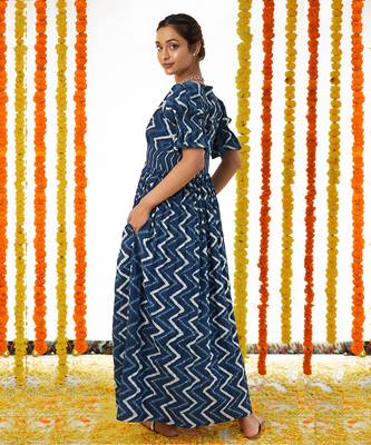 Blue Half Buttoned Down Long dDess 3
