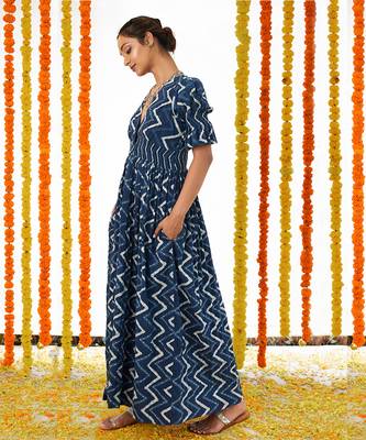 Blue Half Buttoned Down Long dDess 4