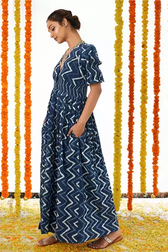 Blue Half Buttoned Down Long dDess
