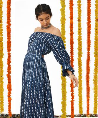 Blue Long off Shoulder Dress 4