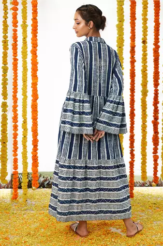 BLUE Long Dress With Bell Sleeves
