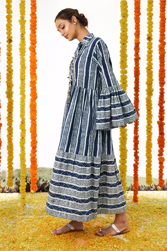 BLUE Long Dress With Bell Sleeves