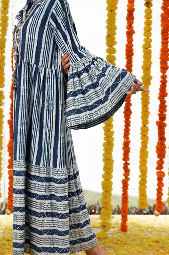 BLUE Long Dress With Bell Sleeves