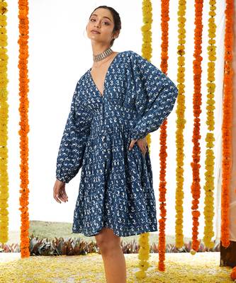 BLUE V Neck Half Buttoned Down Short Dress 1