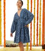 BLUE V Neck Half Buttoned Down Short Dress