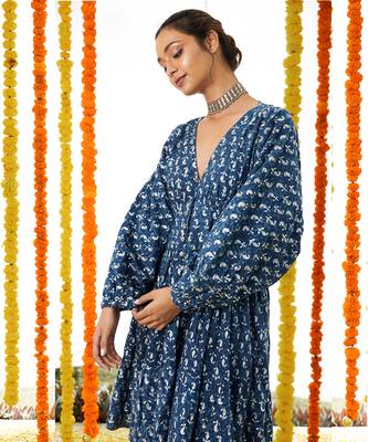 BLUE V Neck Half Buttoned Down Short Dress 2